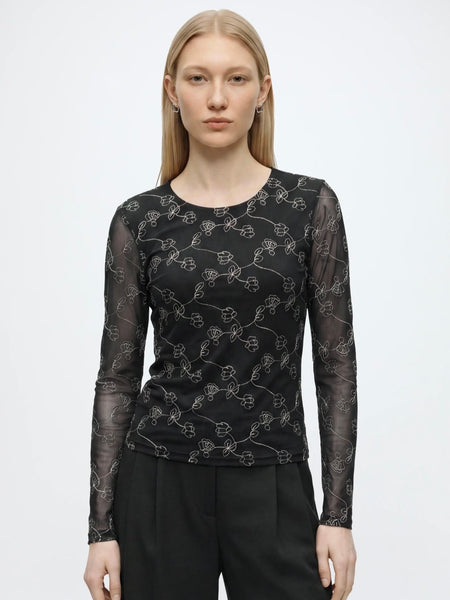 JDY Embroidered Long Sleeve Round Neck Top In Black