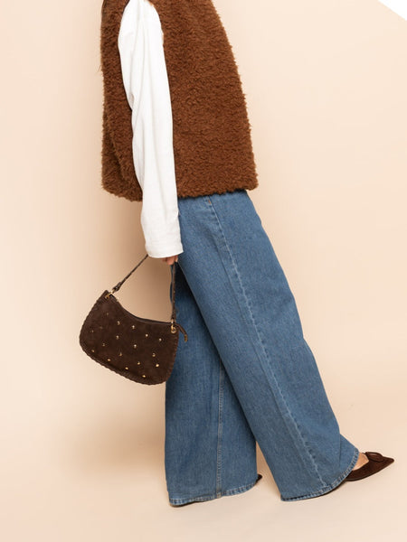 Studded Suede Crossbody Bag 100% Leather In Chocolate Brown