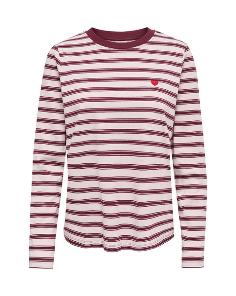 JDY Long Sleeve Heart Tshirt In Pink Stripe