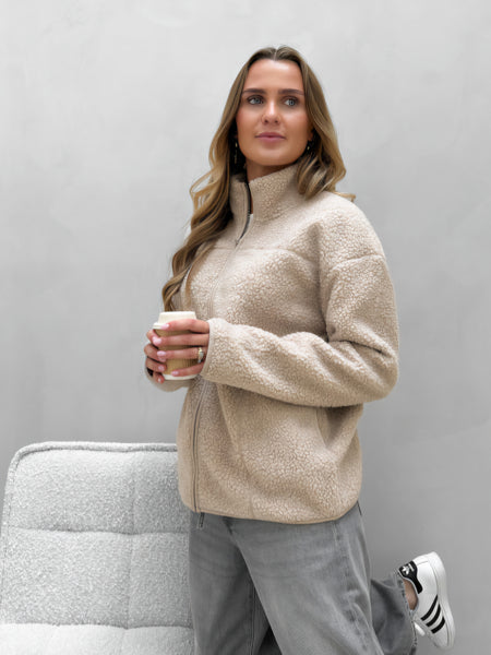 Pieces Zip Front Teddy Fleece Jacket In Beige