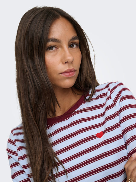 JDY Long Sleeve Heart Tshirt In Blue Stripe