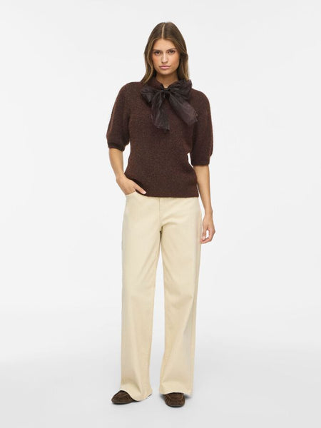 Vila Tie Neck Short Sleeve Knit Top In Brown