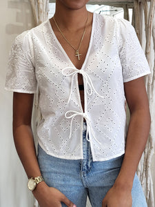 Only White Embroidered Short Sleeve Tie Front Top