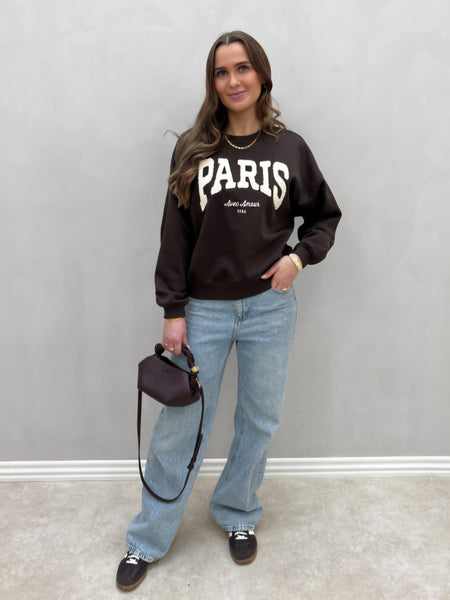 JDY Embroidered Paris Sweatshirt In Chocolate Brown