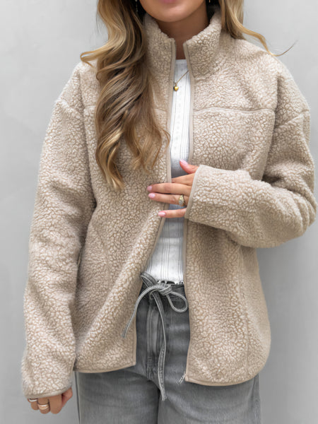 Pieces Zip Front Teddy Fleece Jacket In Beige