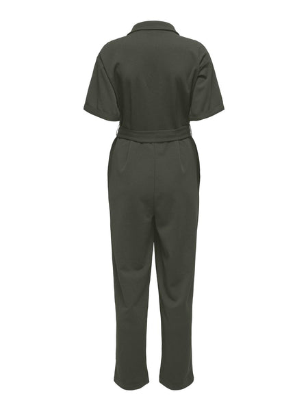 Only Short Sleeve Zip Front Jumpsuit In Khaki