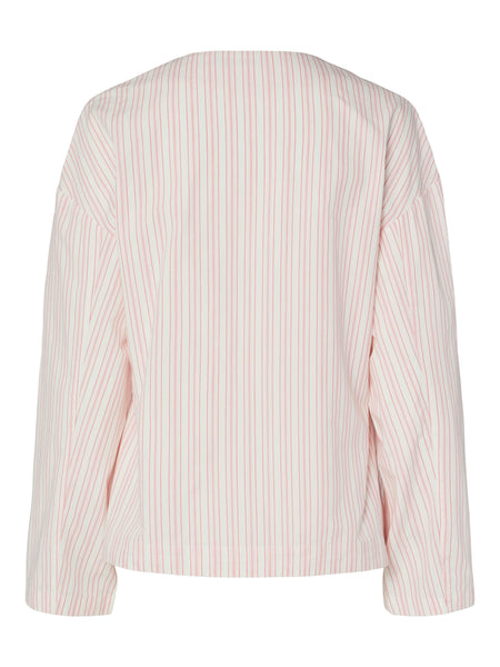 Pieces V-neck Collarless Wrap Shirt In Pink Pinstripe