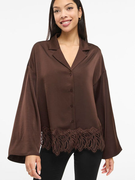 Vila Lace Trimmed Satin Shirt in Chocolate Brown