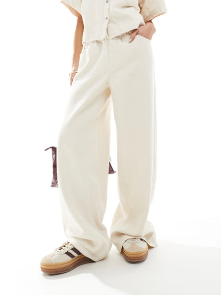 Pieces Textured Twill Wide Leg Elasticated Waist Trouser In Cream