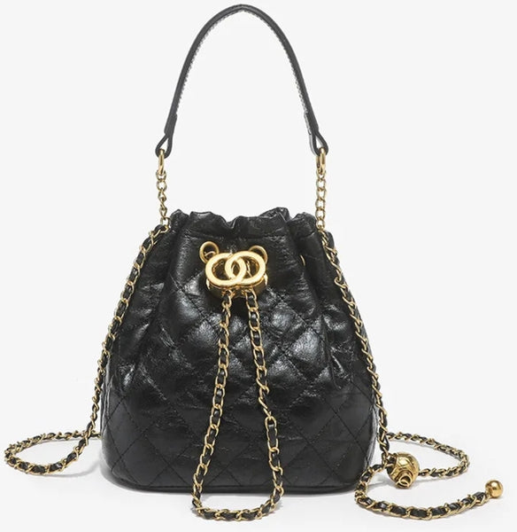 Black Quilted Gold Chain Bucket Bag