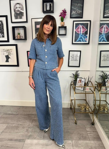 Pieces Textured Denim Diamante Button Top & Wide Leg Jeans - Items Sold Separately