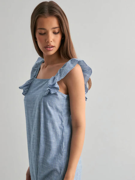 Pieces Ruffle Strap Tiered Cami Maxi Dress In Blue Stripe