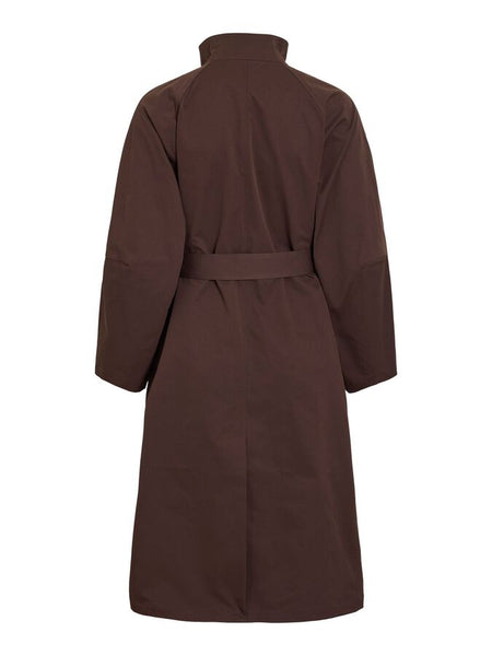 Vila Belted Funnel Neck Trench Coat In Dark Brown