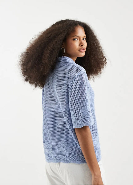 VM Short Sleeve Floral Polo Knit Button Front Top In Blue