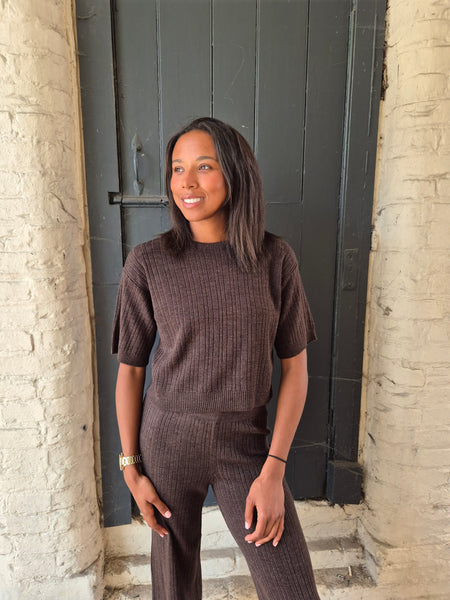Only Knitted Short Sleeve Top & Wide Leg Trouser Co-ord Set In Brown - Items Sold Separately