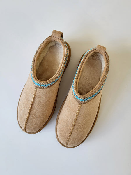 Embroidered Slip On Cosy Taz Slipper Shoe In Biscuit