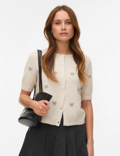 VM Short Sleeve Heart Knit Cardigan In Cream