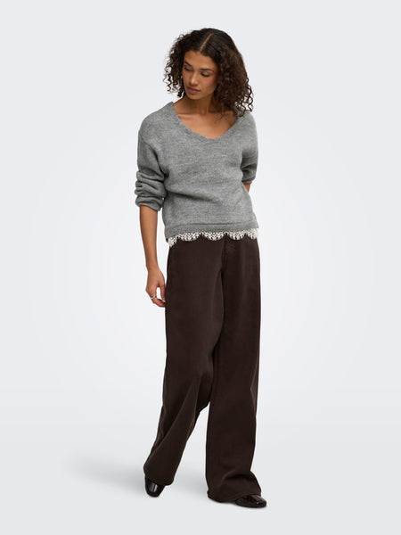 JDY Long Sleeve Vneck Lace Trim Knitted Jumper In Grey