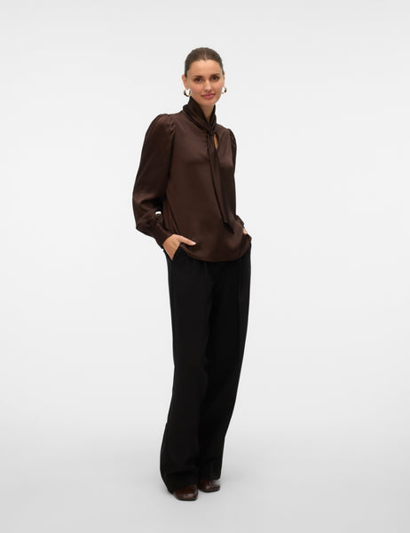 VM Tie Neck Satin Long Sleeved Blouse in Chocolate Brown