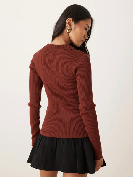 JDY Collared Button Front Ribbed Top In Rust