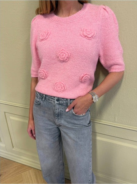 Only 3D Floral Short Sleeve Knit Jumper In Pink