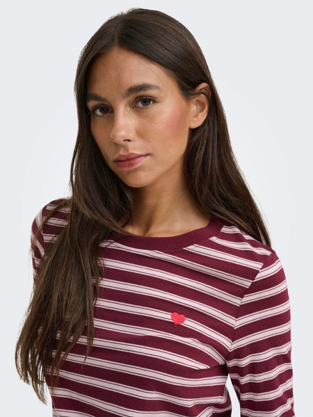 JDY Long Sleeve Heart Tshirt In Wine Stripe