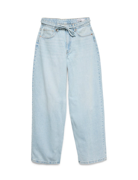 VM High Waist Barrel Jeans With Waist Tie In Light Blue