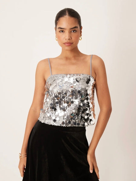 Vila Disc Sequin Embellished Cami Top In Silver
