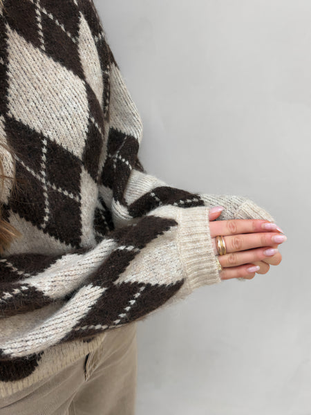 Vila Argyle Long Sleeve Knit Jumper In Brown