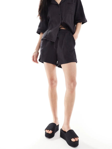 Only Cheesecloth Short Sleeve Shirt & Shorts In Black - Co-ord