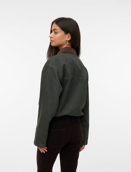 VM Contrast Collar Denim Jacket In Khaki Green