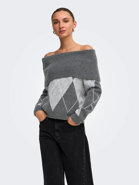 Only Off The Shoulder Argyle Check Knit Jumper In Grey