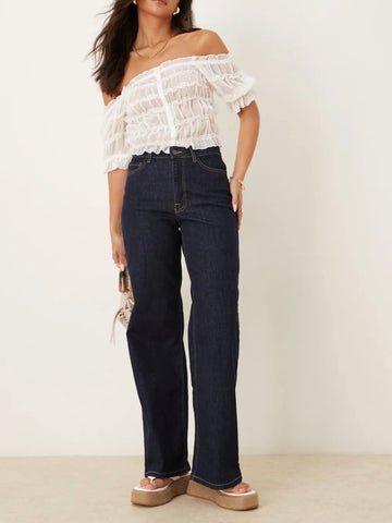 JDY High Waist Wide Leg Jeans In Dark Blue