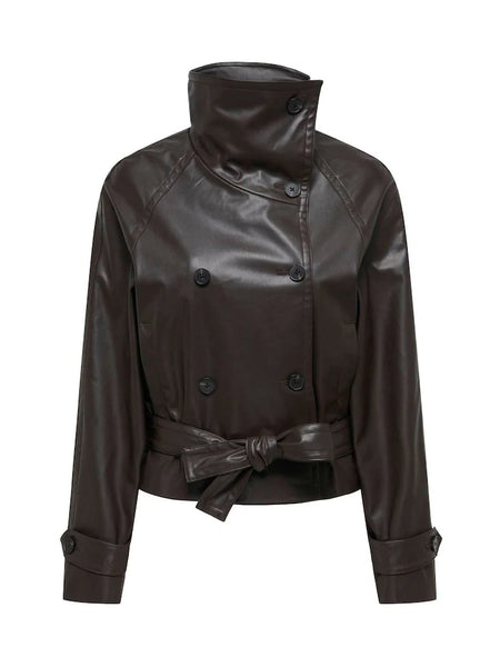 JDY Funnel Neck Pu Leather Belted Jacket In Chocolate Brown