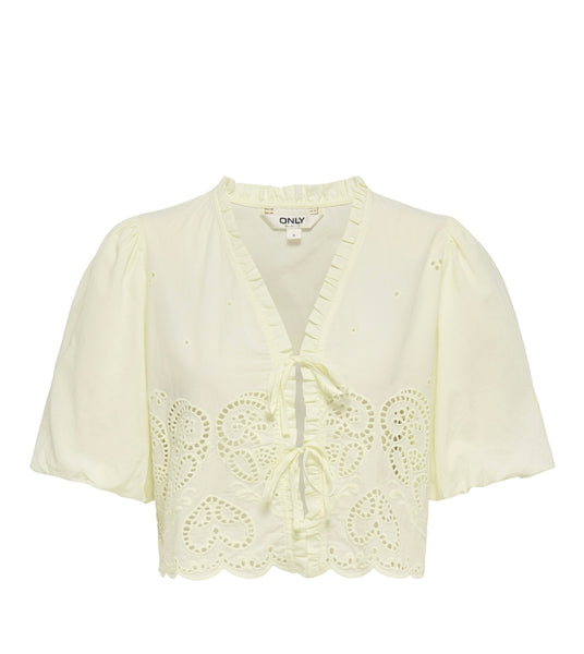 Only Embroidered Tie Front Short Sleeve Top In Pale Lemon