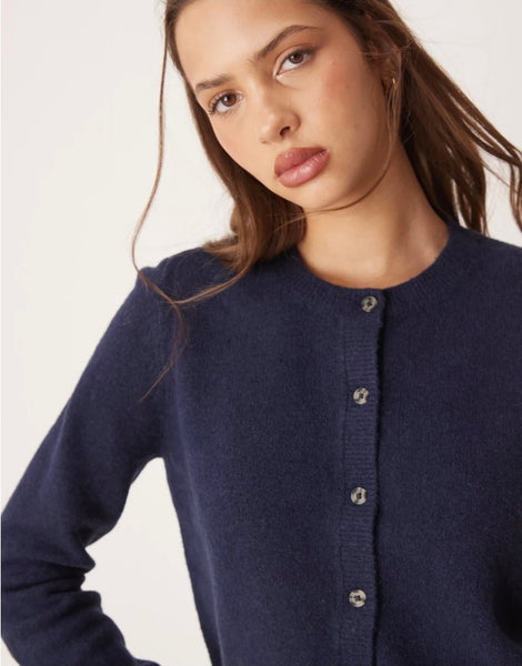 JDY Chloe Crew Neck Cardigan In Navy