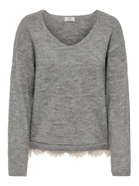 JDY Long Sleeve Vneck Lace Trim Knitted Jumper In Grey