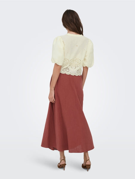 Only Embroidered Tie Front Short Sleeve Top In Pale Lemon
