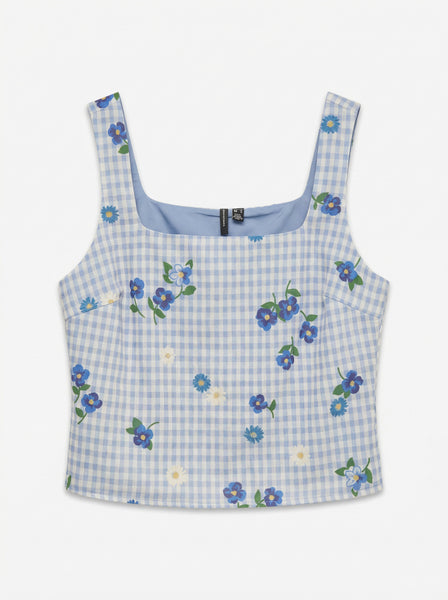 VM Blue Floral Gingham Sleeveless Top