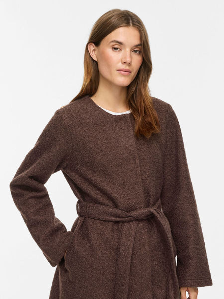 Vila Round Neck Classic Belted Coat In Chocolate Brown