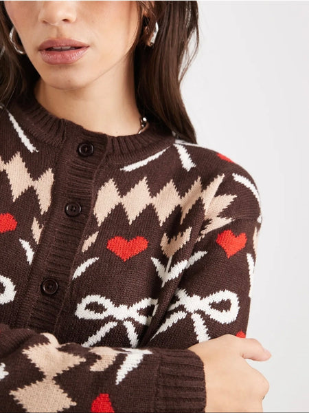 Wednesday's Girl Bow Knitted Cardigan in Brown