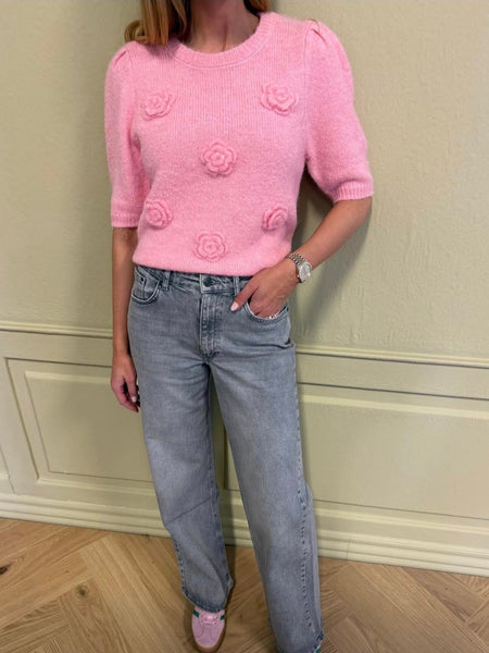 Only 3D Floral Short Sleeve Knit Jumper In Pink