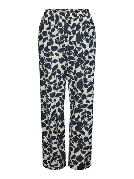 Pieces Linen Navy Floral High Waist Wide Leg Trousers