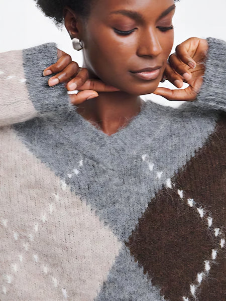 JDY V-neck Argyle Knit Jumper In Grey