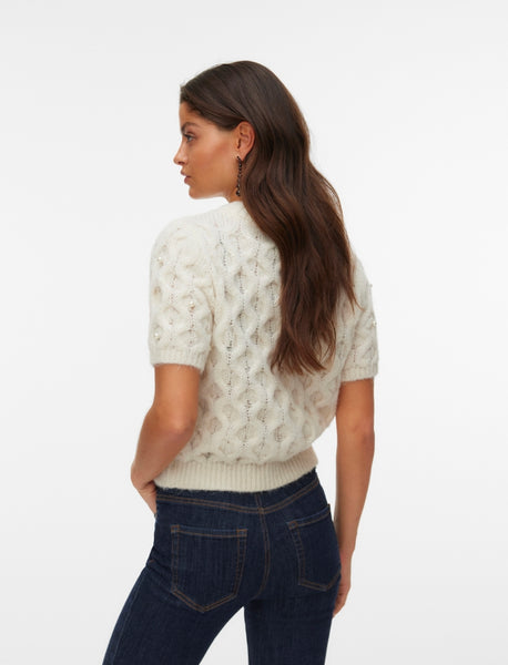 VM Pearl Embellished Short Sleeve Cable Knit Top In Cream