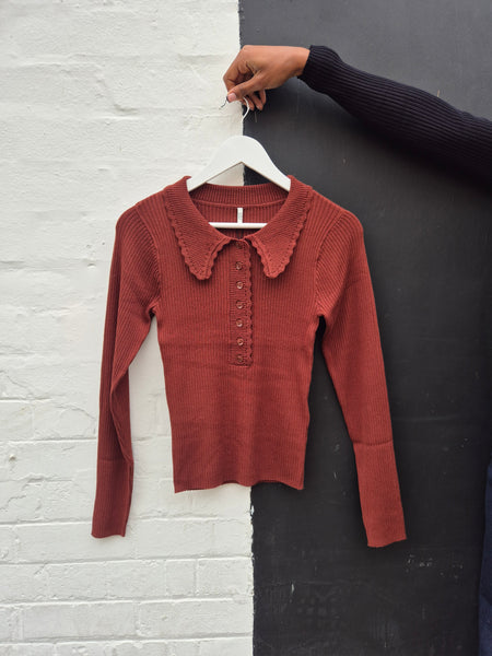 JDY Collared Button Front Ribbed Top In Rust