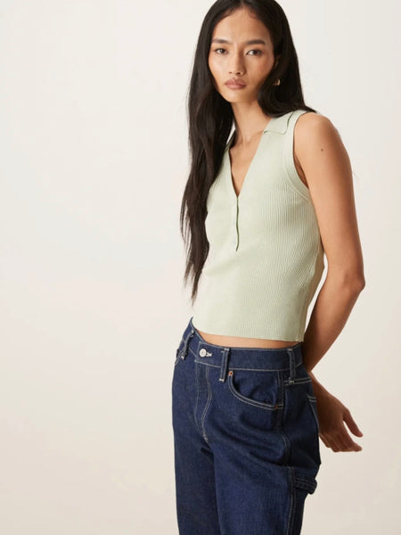 JDY Rib Knit Sleeveless Polo In Sage Green