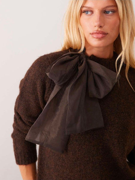 Vila High Neck Organza Bow Long Sleeve Knitted Jumper In Chocolate Brown