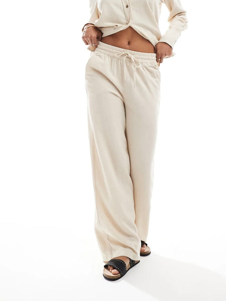 JDY High Waist Wide Leg Linen Trousers In Oatmeal