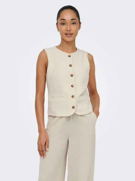 JDY Round Neck Tailored Button Front Waistcoat In Oatmeal
